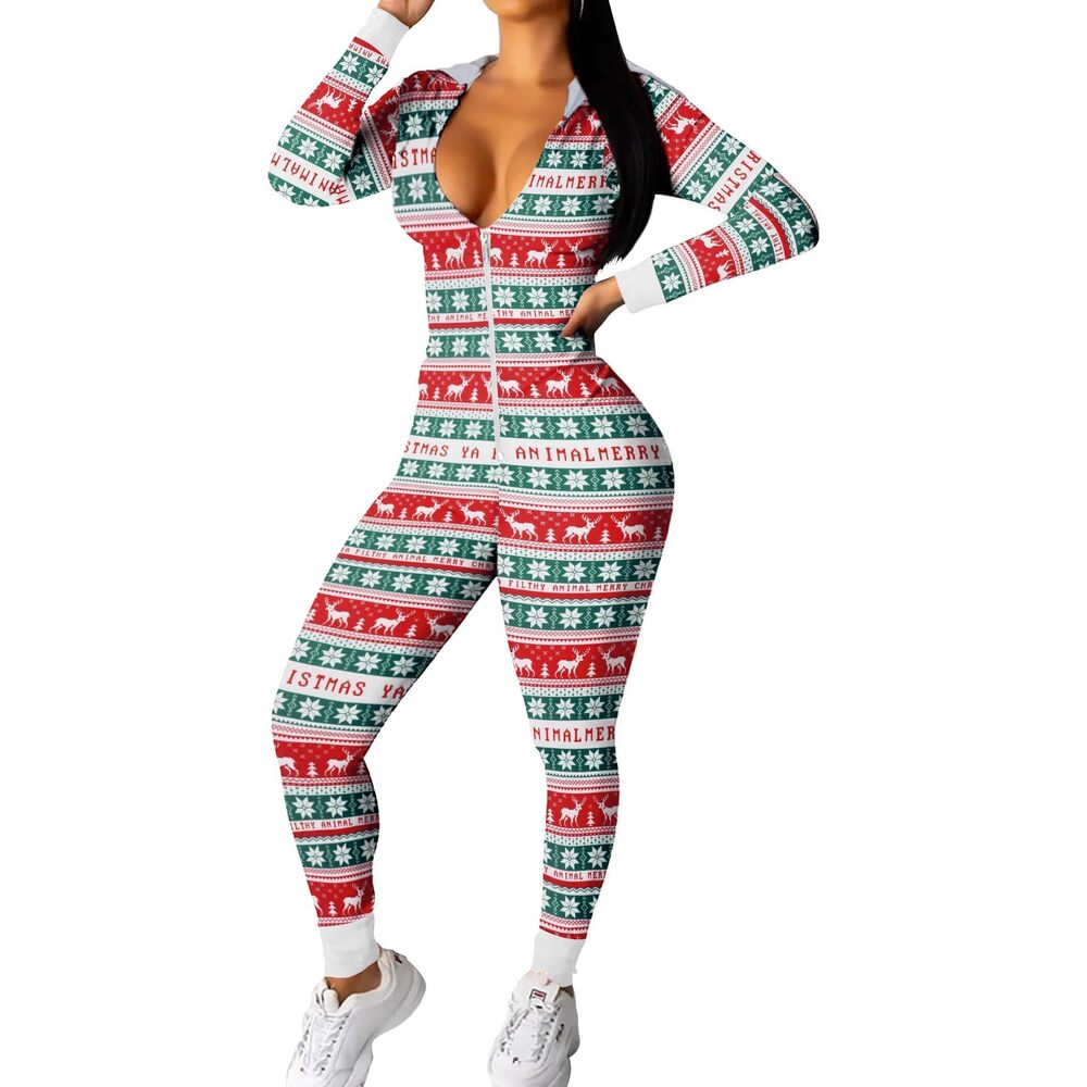 1734 Christmas Onesie Sexy Pajamas Zipper Halloween Onepiece Bodycon Outfit